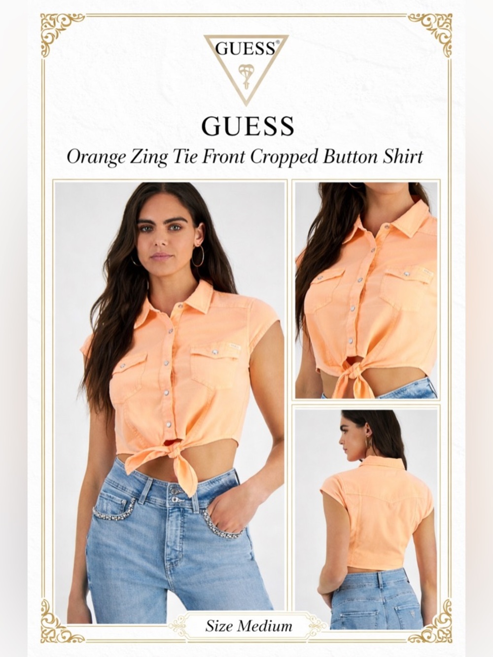 Guess Orange Zing Button-Front Cropped Cotton Shirt NWT Size M